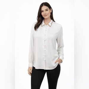 🔥🔥SUSAN HUTTON Button Down Blouse With Leaf Design On Neck  Size 12 White